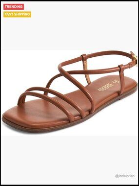 Strappy Flat Sandals with Ankle Strap, PU Leather, Open Toe